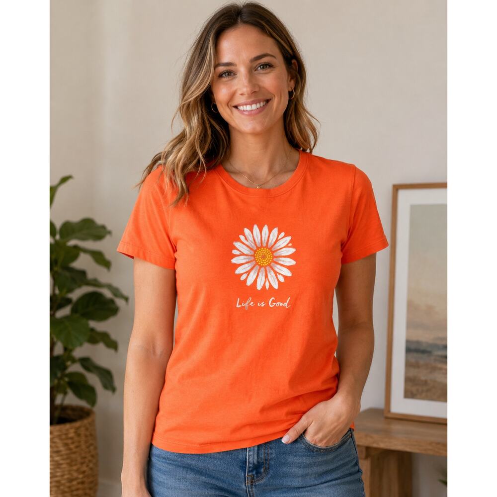 Life Is Good Women’s Orange Daisy Graphic T-Shirt Cotton Tee Size Small